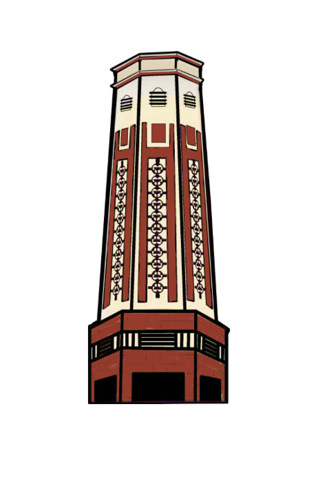 Illustrated Dehradun clock tower in maroon and cream