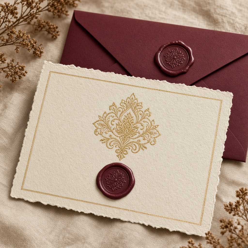 A cream wedding card with a gold border
