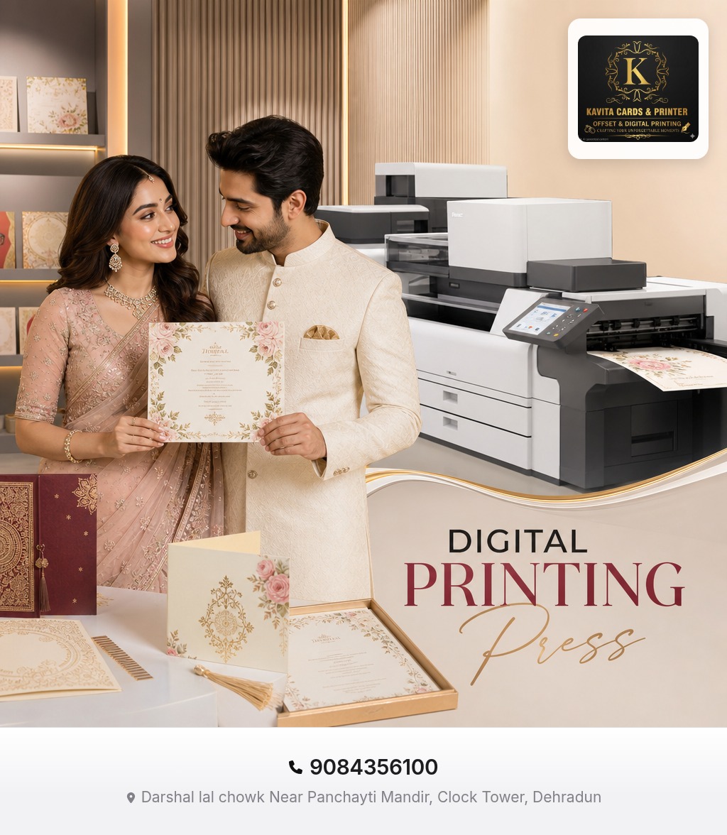 A wedding invitation card beside a digital printing press